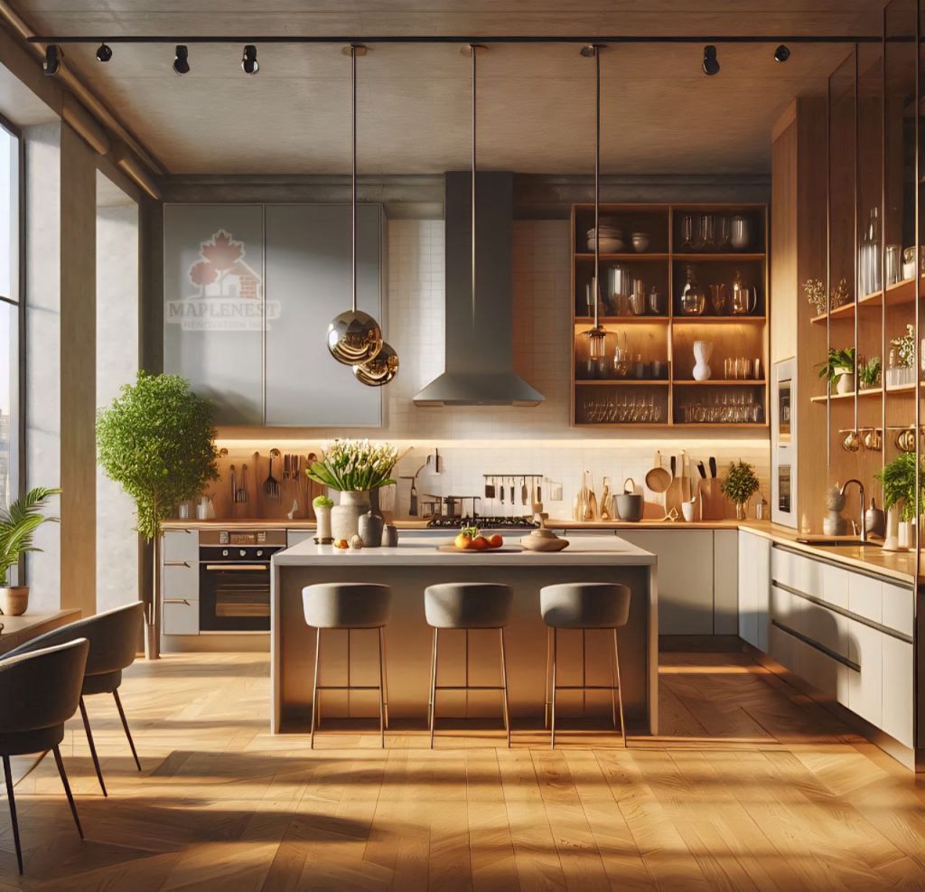 Modern open-concept kitchen renovation in Vancouver with large waterfall island and warm wood accents.